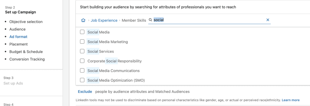 LinkedIn Campaign ManagerAudience Search Box