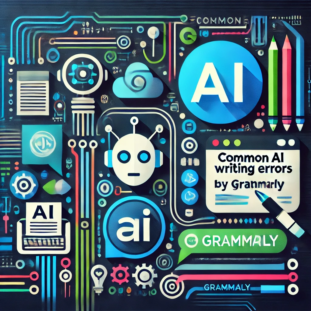 A colorful, modern image illustrating common AI writing errors corrected by Grammarly. The design is sleek and minimalist, featuring digital motifs such as circuit patterns and abstract data streams. Icons symbolizing AI, like a robot head and neural network, and Grammarly, with a stylized 'G' and a pen, are included. The color scheme includes shades of blue, green, white, and additional bright colors. The overall mood is professional and cutting-edge, with minimal text.