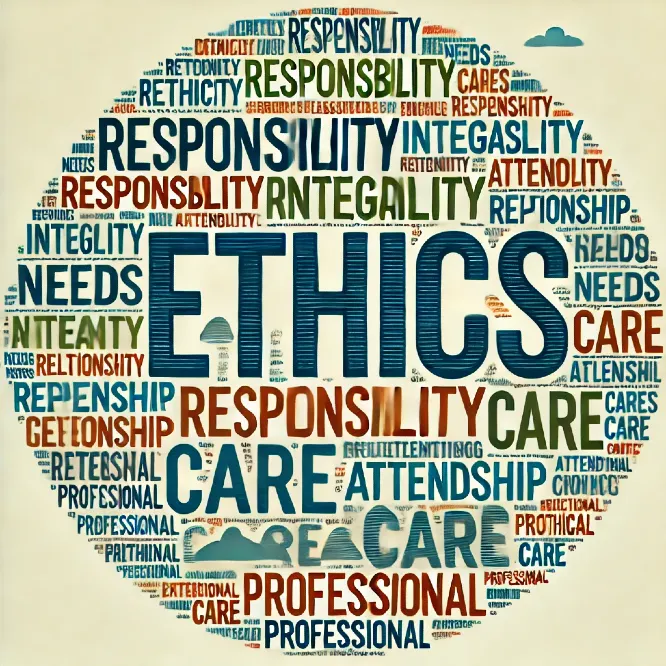 Word cloud centered around the word 'ETHICS,' with surrounding terms such as 'Responsibility,' 'Care,' 'Integrity,' 'Professional,' 'Relationship,' 'Needs,' and 'Attending.' The words are displayed in various sizes and colors, including shades of blue, green, and orange, against a neutral background. The design highlights the importance of ethical considerations in professional settings.