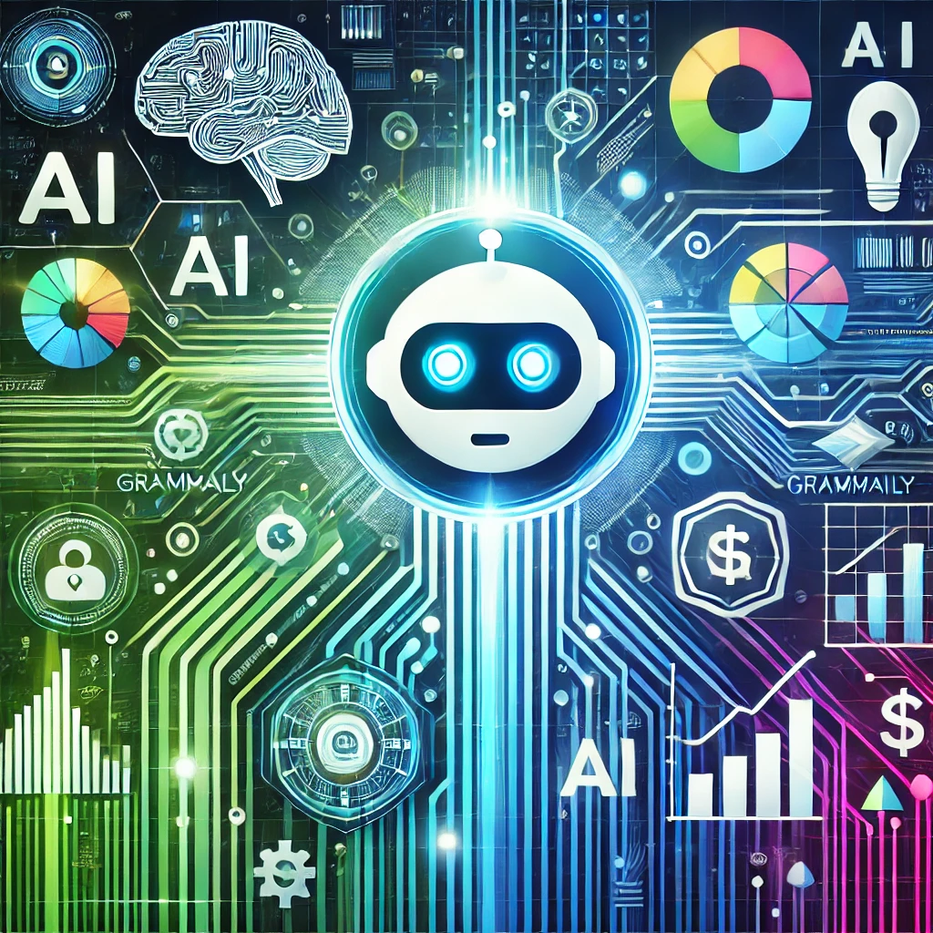 A modern, tech-focused image representing the economic impact of Grammarly on content creation. The design is sleek and minimalist with vibrant colors, including shades of blue, green, white, and bright hues. It features digital motifs such as circuit patterns and abstract data streams. Icons include a robot head and a neural network symbolizing AI, and a stylized 'G' and pen symbolizing Grammarly. Additional elements like dollar signs and growth charts represent economic impact. The overall mood is innovative and professional, illustrating how Grammarly enhances the economic value of content creation. The image contains minimal text.
