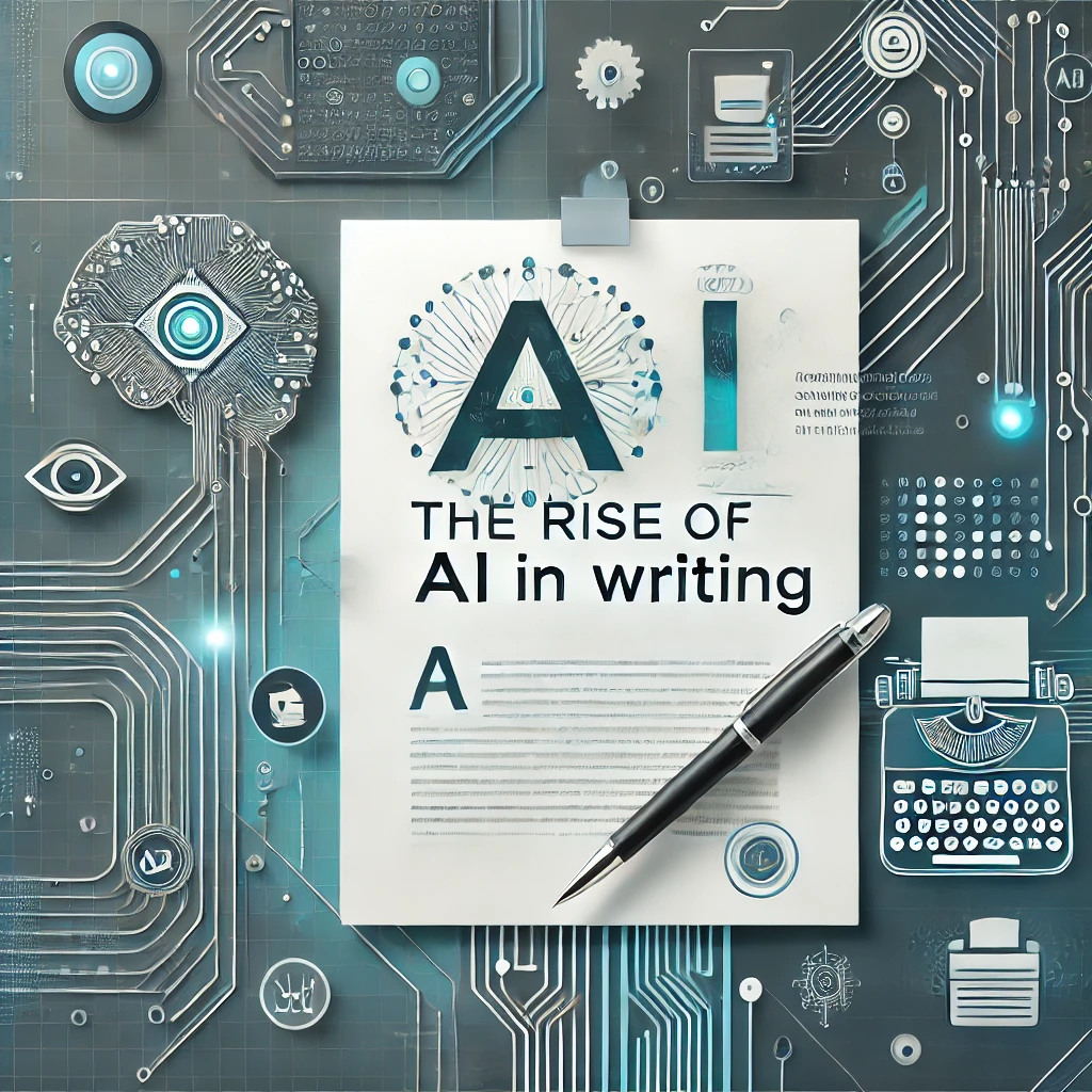 A modern, tech-focused image representing the rise of Grammarly and AI in writing. The design features sleek and minimalist elements with digital motifs like circuit patterns and abstract data streams. It includes subtle illustrations symbolizing AI, such as a robot head and a neural network, alongside writing symbols like a stylized pen or paper. The color scheme is clean and professional, using shades of blue, green, and white. The article title "The Rise of AI in Writing" is displayed in a modern, readable font.